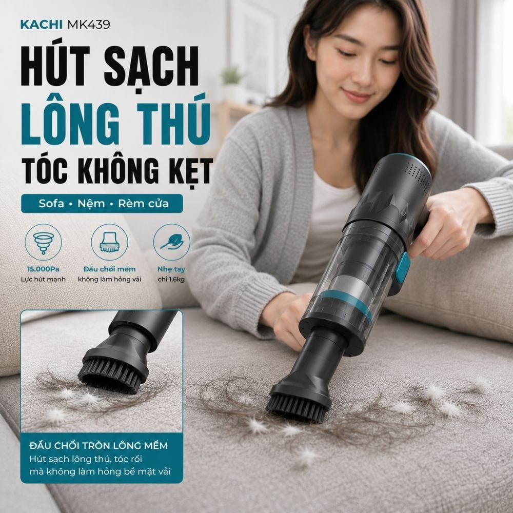 Máy Hút Bụi Cầm Tay Kachi MK439 – Lực Hút Mạnh 15.000Pa, Gọn Nhẹ, Hiệu Quả Tối Ưu