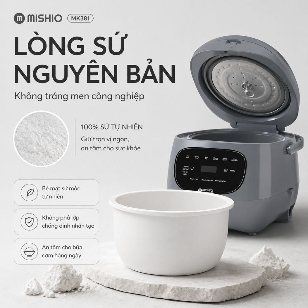 Nồi cơm điện lòng sứ dưỡng sinh 1.2L Mishio MK381