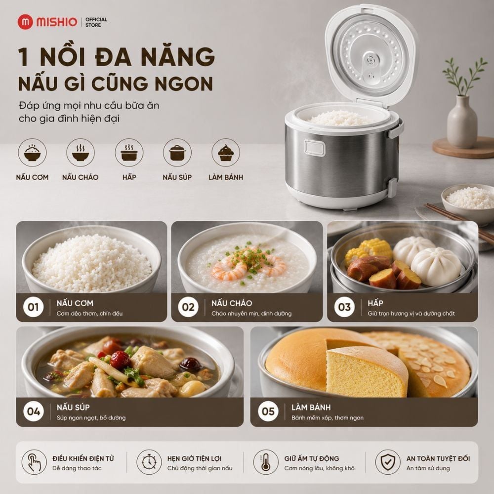 Nồi Cơm Điện Lòng Sứ 1.8Lít Mishio MK402 Không Bong Tróc Men Chống Dính Tự Nhiên
