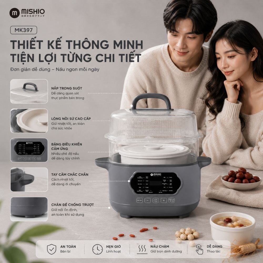 Nồi nấu chậm lòng sứ 3L Mishio MK397 kèm xửng hấp và 4 thố sứ tiện lợi không lo cháy khét hay bong tróc chống dính