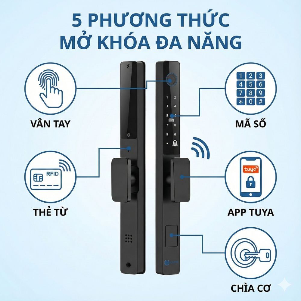 Khóa Thông Minh Kachi MK42 - Chuyên Dụng Cửa Nhôm Xingfa, Cửa Kính | Mở Khóa Qua App Tuya, Vân Tay, Thẻ Từ | Chống Nước IP65