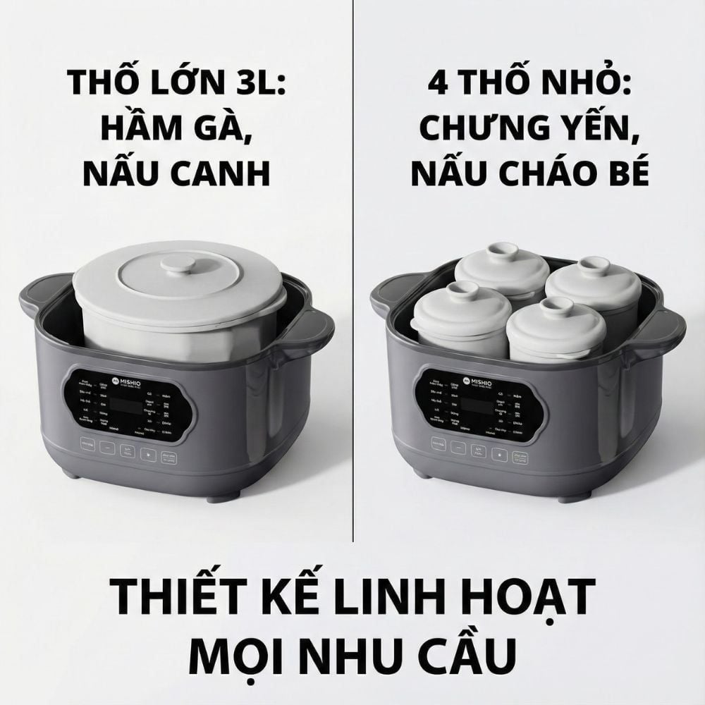 Nồi nấu chậm lòng sứ 3L Mishio MK397 kèm xửng hấp và 4 thố sứ tiện lợi không lo cháy khét hay bong tróc chống dính
