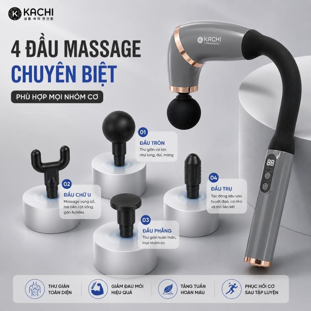 Gậy Massage Kachi MK405 – Súng Massage Cầm Tay Có Tay Nối Dài, Thư Giãn Sâu Từng Nhóm Cơ