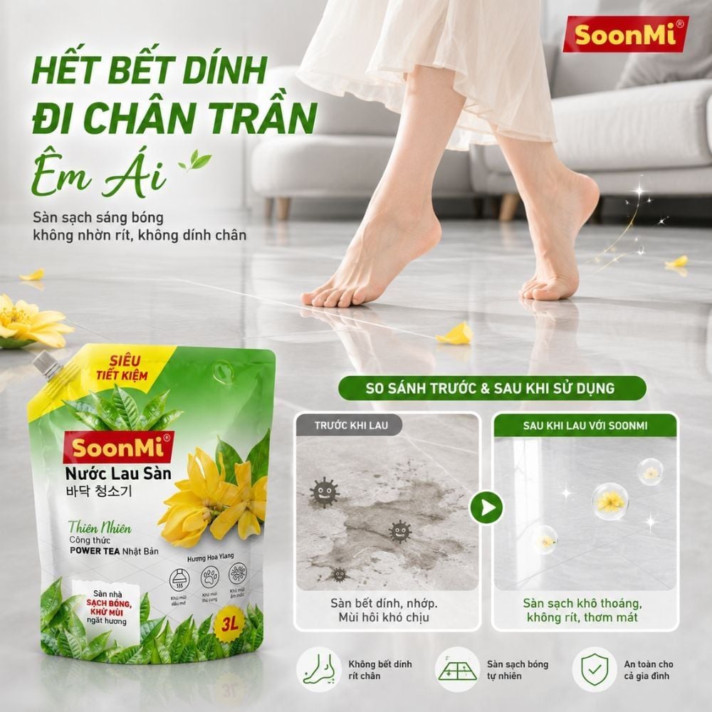 Nước Lau Sàn Soonmi 3kg Dạng Túi - Sạch Bóng, Khử Khuẩn, Thơm Mát MK
