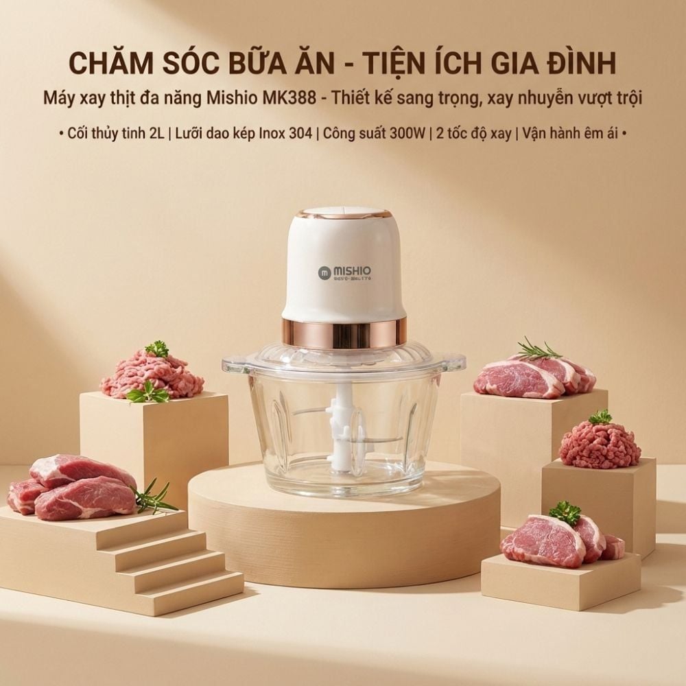 Máy Xay Thịt Đa Năng Mishio MK388 - Cối Thủy Tinh 2L, Xay Nhuyễn Mọi Loại Thực Phẩm, Đa Dụng, Tiện Lợi