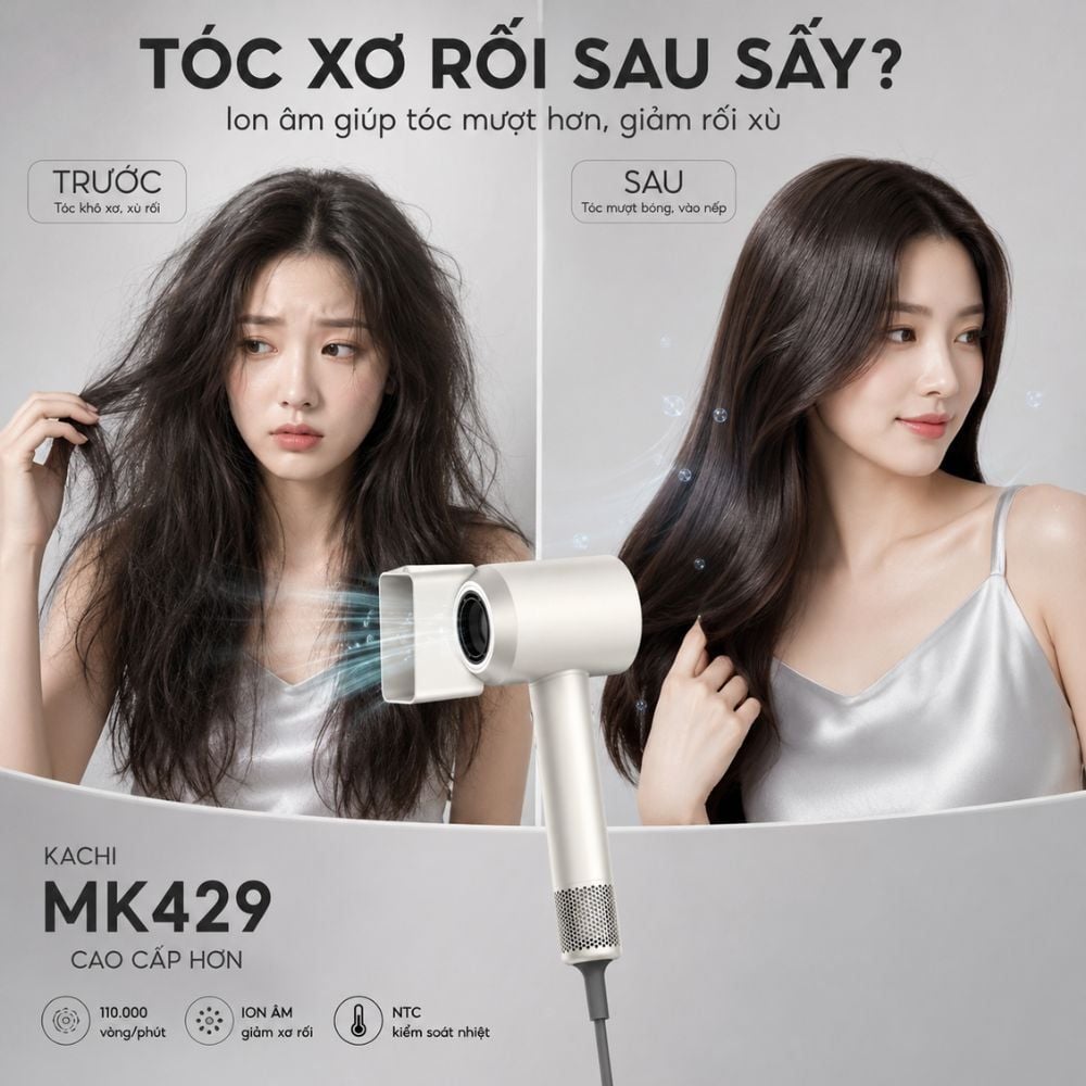 Máy Sấy Tóc Tốc Độ Cao Kachi ION (110.000 vòng/phút) - Sấy Nhanh, Chăm Sóc Tóc Ion Âm, Kiểm Soát Nhiệt NTC
