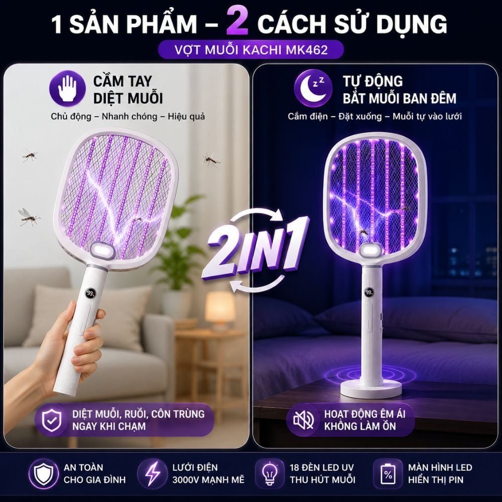 Vợt Bắt Muỗi Tự Động Kachi MK462 – Tích Hợp Đèn Bắt Muỗi, Màn Hình LED Thông Minh