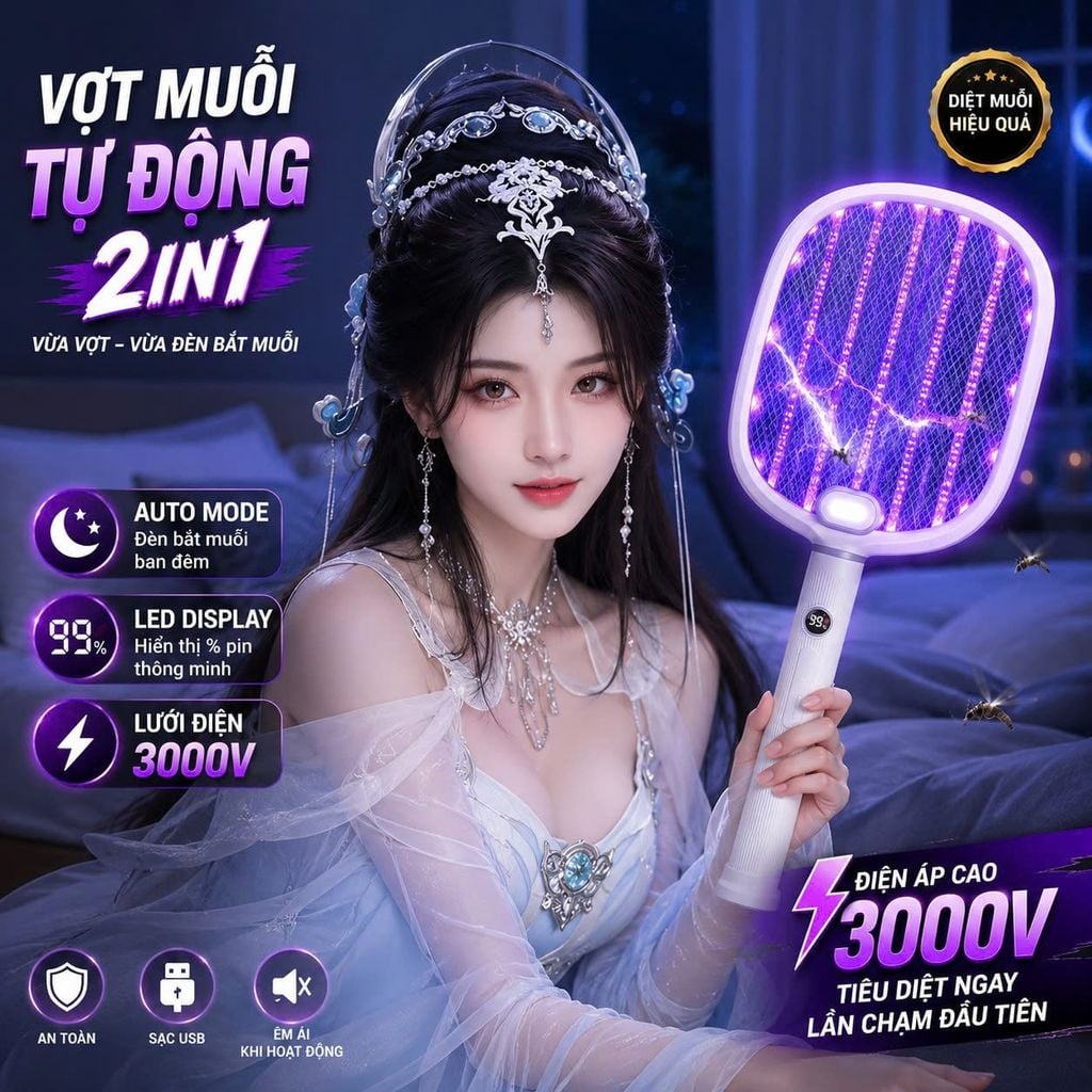 Vợt Bắt Muỗi Tự Động Kachi MK462 – Tích Hợp Đèn Bắt Muỗi, Màn Hình LED Thông Minh