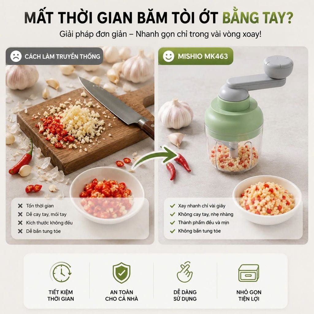Máy Xay Tỏi Ớt Cầm Tay Mishio MK463 - Xoay tay siêu bền, dễ tháo lắp vệ sinh