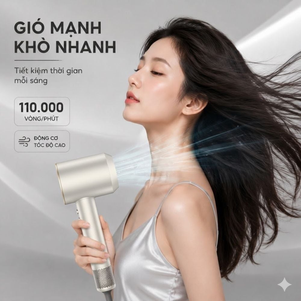 Máy Sấy Tóc Tốc Độ Cao Kachi ION (110.000 vòng/phút) - Sấy Nhanh, Chăm Sóc Tóc Ion Âm, Kiểm Soát Nhiệt NTC