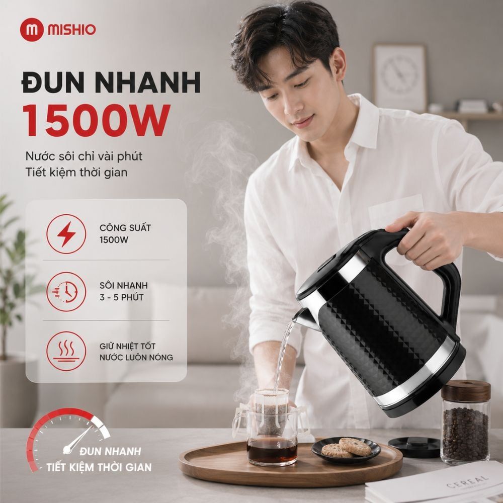 Bình đun siêu tốc Mishio MK403 / MK461 dung tích 1.8L vỏ nhựa cách nhiệt chống bỏng