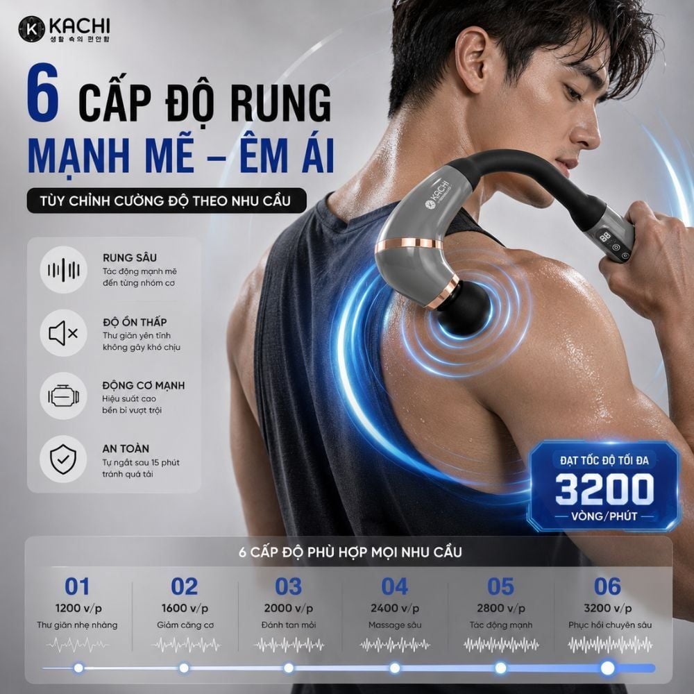 Gậy Massage Kachi MK405 – Súng Massage Cầm Tay Có Tay Nối Dài, Thư Giãn Sâu Từng Nhóm Cơ