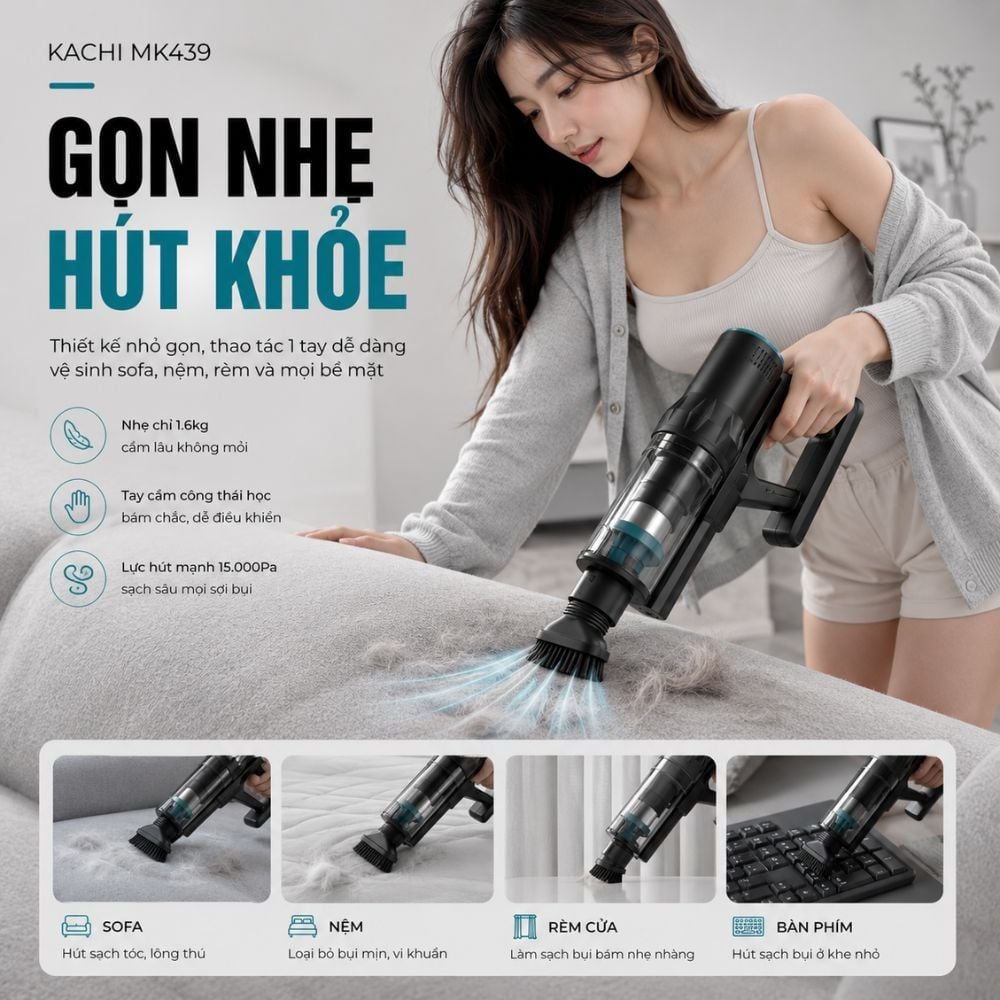 Máy Hút Bụi Cầm Tay Kachi MK439 – Lực Hút Mạnh 15.000Pa, Gọn Nhẹ, Hiệu Quả Tối Ưu