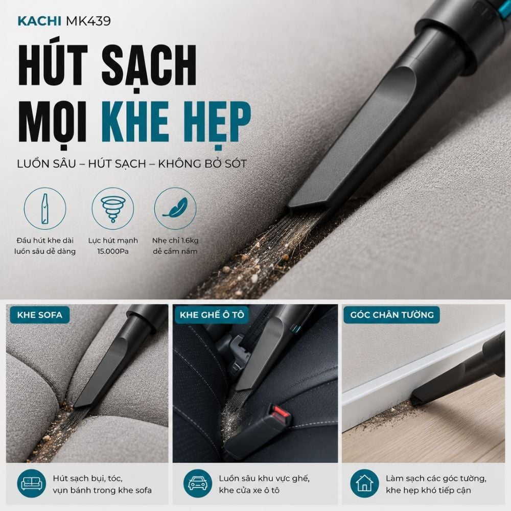 Máy Hút Bụi Cầm Tay Kachi MK439 – Lực Hút Mạnh 15.000Pa, Gọn Nhẹ, Hiệu Quả Tối Ưu