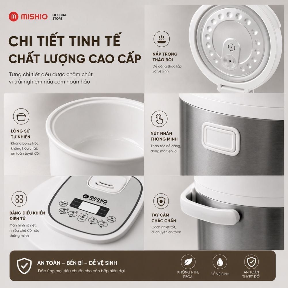 Nồi Cơm Điện Lòng Sứ 1.8Lít Mishio MK402 Không Bong Tróc Men Chống Dính Tự Nhiên