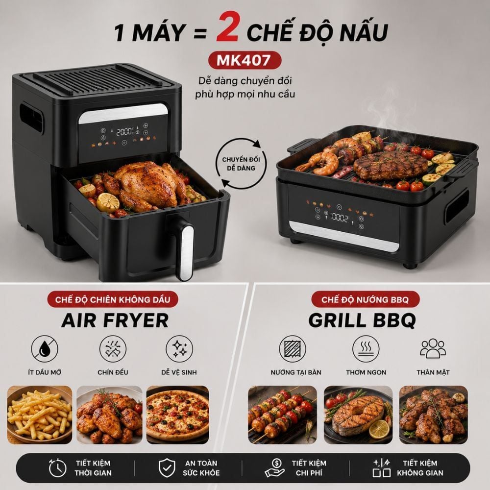 Nồi Chiên Không Dầu Kèm Vỉ Nướng 2-in-1 Mishio MK407: Nâng Tầm Món Ngon, Tiện Lợi Vượt Trội