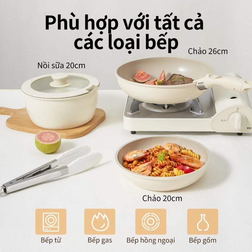Bộ 3 Nồi Chảo Đá Gốm Chống Dính Mishio 5 Món - Tay Cầm Tháo Rời, Không Chứa PFAS/PTFE/PFOA, Dùng Mọi Loại Bếp MK