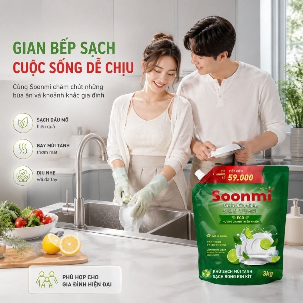 Nước Rửa Chén Soonmi Hương Chanh 1.2kg & 3kg - Sạch Bong Kin Kít, An Toàn Da Tay MK