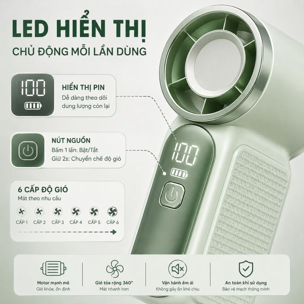 Quạt Cầm Tay Mini Kachi MK441 - Pin Khủng 3000mAh, Màn Hình LED Hiển Thị, 6 Cấp Độ Gió (Bảo Hành 18 Tháng)