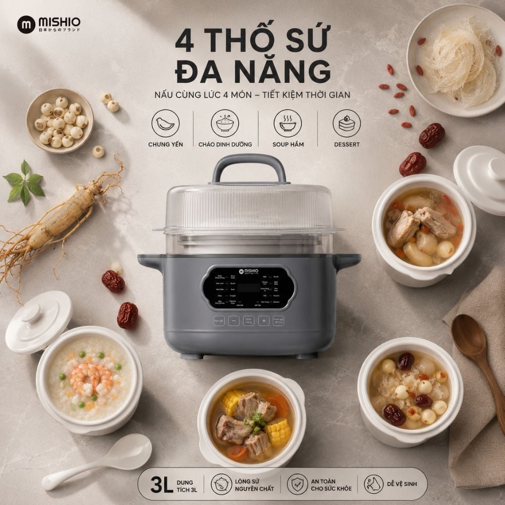 Nồi nấu chậm lòng sứ 3L Mishio MK397 kèm xửng hấp và 4 thố sứ tiện lợi không lo cháy khét hay bong tróc chống dính