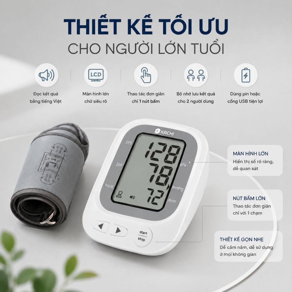 Máy đo huyết áp bắp tay Kachi JN-163B MK | Trợ lý AI đọc kết quả tiếng Việt | Hỗ trợ người cao tuổi mắt kém