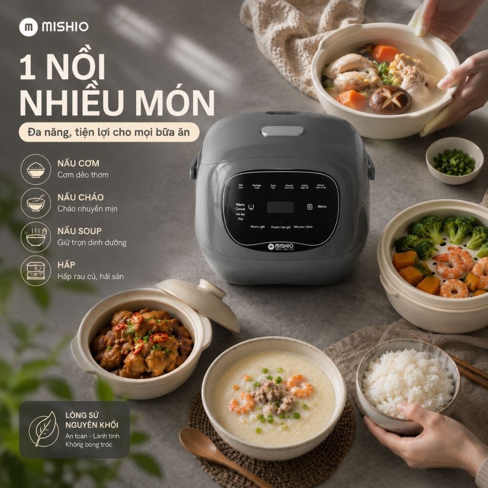 Hình ảnh chi tiết: Nồi cơm điện lòng sứ dưỡng sinh Mishio MK365 chống dính tự nhiên trọn đời không bong tróc