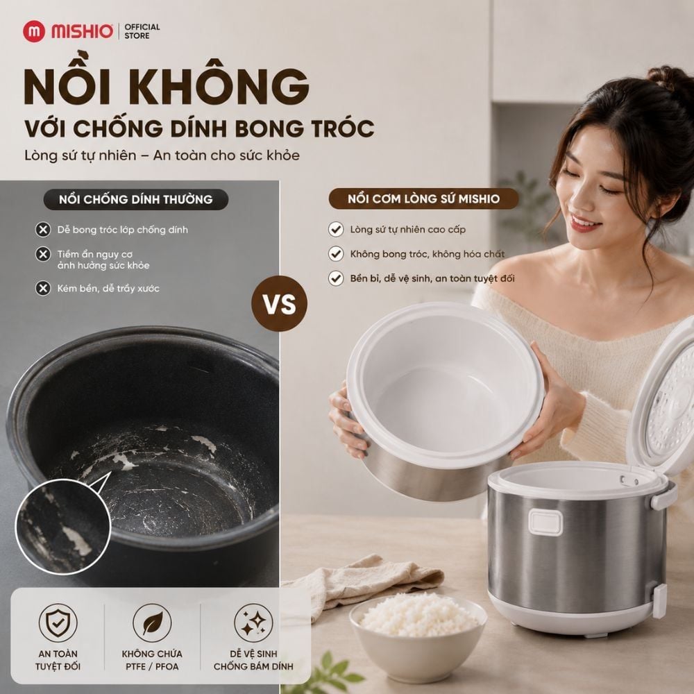 Nồi Cơm Điện Lòng Sứ 1.8Lít Mishio MK402 Không Bong Tróc Men Chống Dính Tự Nhiên