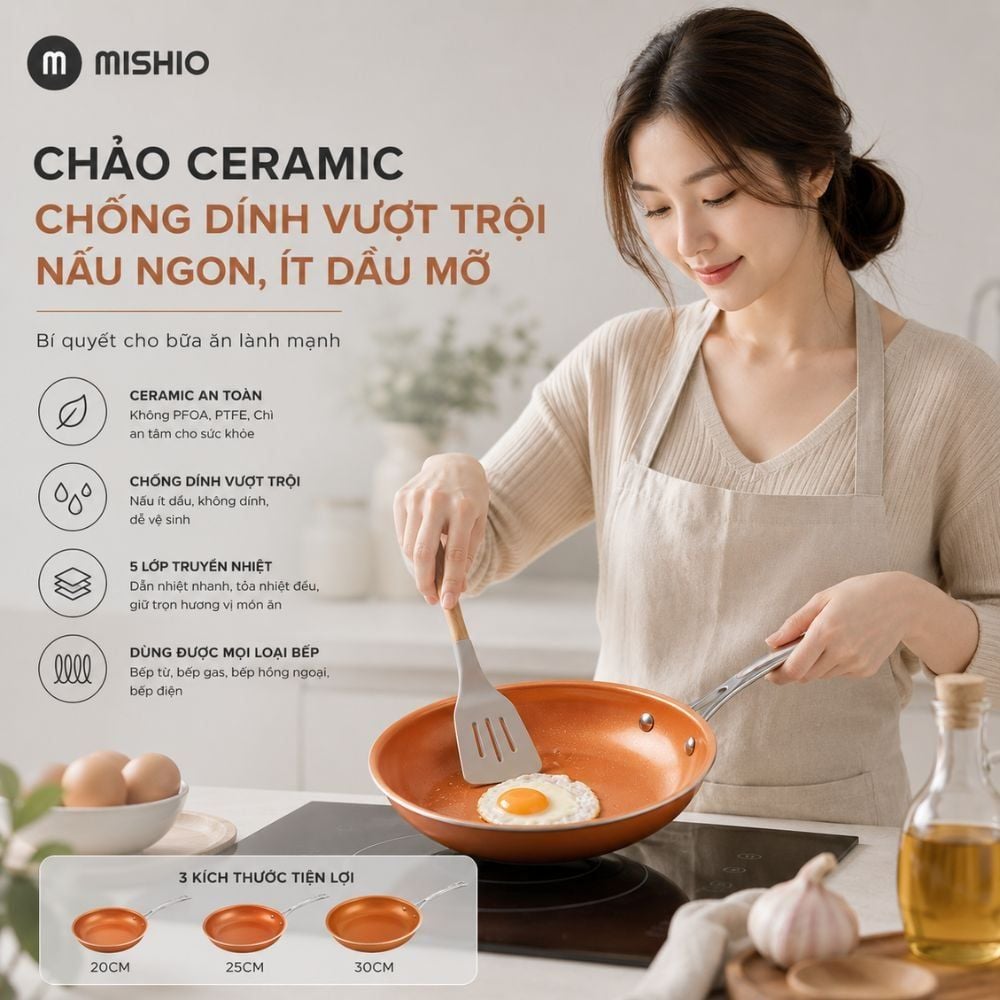 Chảo Chống Dính Đáy Từ Mishio (Size 20, 25, 30cm) MK430 MK431 MK432 - Chống Dính Gốm Cao Cấp, An Toàn Sức Khỏe, Dùng Cho Mọi Loại Bếp