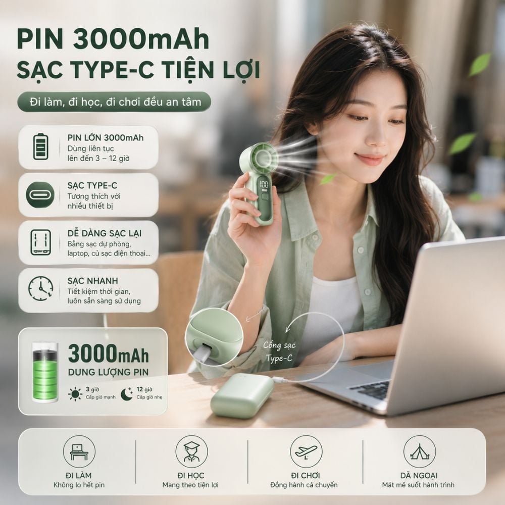 Quạt Cầm Tay Mini Kachi MK441 - Pin Khủng 3000mAh, Màn Hình LED Hiển Thị, 6 Cấp Độ Gió (Bảo Hành 18 Tháng)