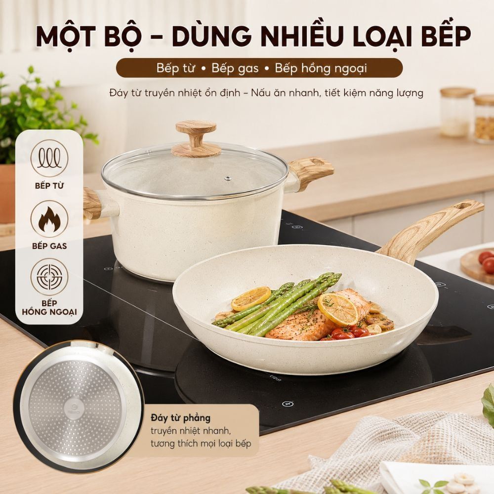 Bộ Nồi Chảo Chống Dính 21 Món Mishio MK469 – Trắng Kem Thanh Lịch, An Toàn Chuẩn FDA