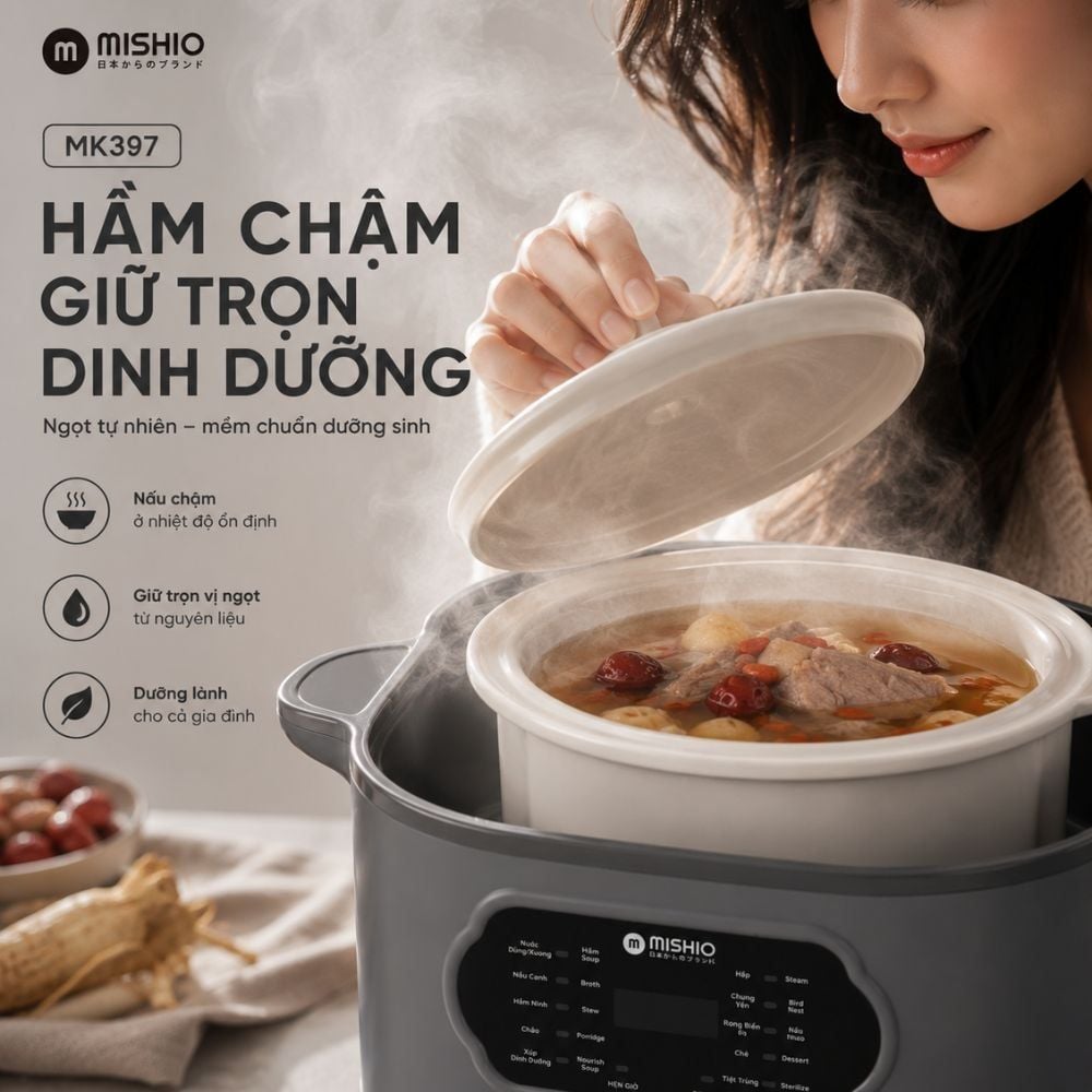 Nồi nấu chậm lòng sứ 3L Mishio MK397 kèm xửng hấp và 4 thố sứ tiện lợi không lo cháy khét hay bong tróc chống dính