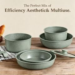 Bộ Nồi Chảo Đá Gốm Chống Dính Mishio 15 Món (5 Nồi Chảo) MK467- Tay Cầm Tháo Rời Thông Minh, Không Chứa PFAS/PTFE, Tương Thích Mọi Loại Bếp