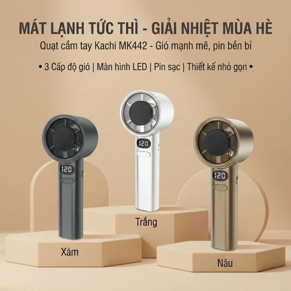 Quạt Cầm Tay Kachi MK442 – 120 Cấp Độ Gió Tuabin, Màn Hình LED Hiển Thị Pin, Bảo Hành 18 Tháng