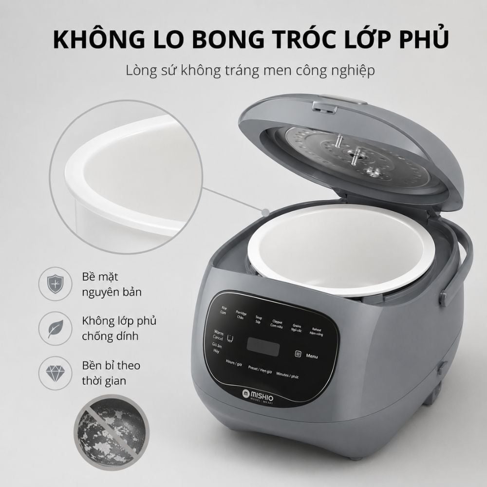 Nồi cơm điện lòng sứ dưỡng sinh 1.2L Mishio MK381