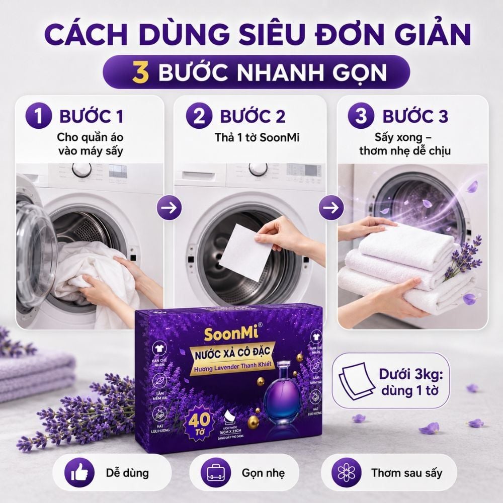 Nước xả cô đặc - Giấy Thơm Quần Áo SoonMi Hương Lavender - Nước Xả Cô Đặc Cho Máy Sấy (Hộp 40 Tờ) MK