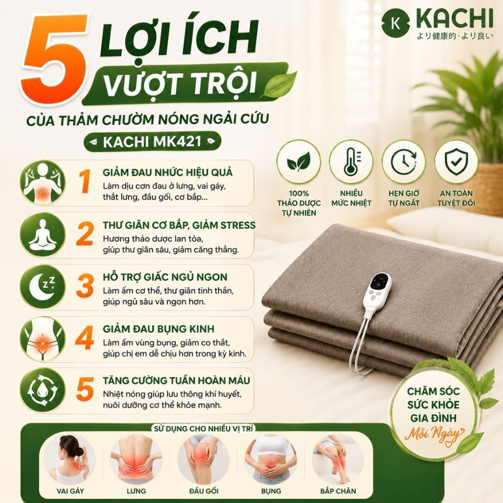 Thảm Chườm Nóng Ngải Cứu Đông Y Kachi MK421 - Giảm Đau Lưng, Vai Gáy Nhanh Chóng Tại Nhà
