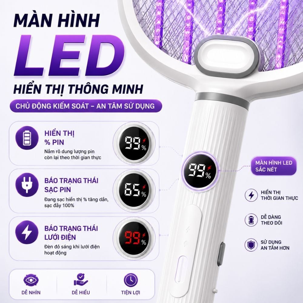 Vợt Bắt Muỗi Tự Động Kachi MK462 – Tích Hợp Đèn Bắt Muỗi, Màn Hình LED Thông Minh
