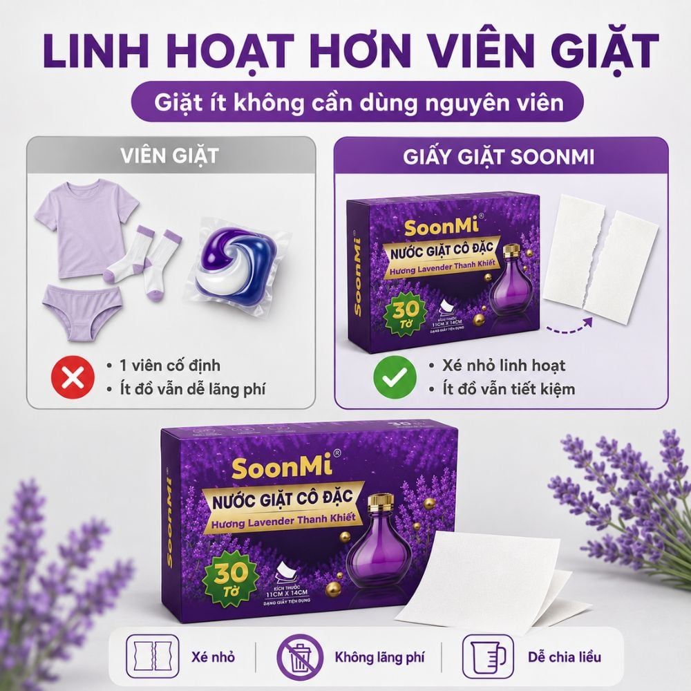 Hình ảnh chi tiết: Nước Giặt Cô Đặc SoonMi Hương Lavender – Công Nghệ Giặt Tẩy Thế Hệ Mới (Hộp 30 Tờ) MK