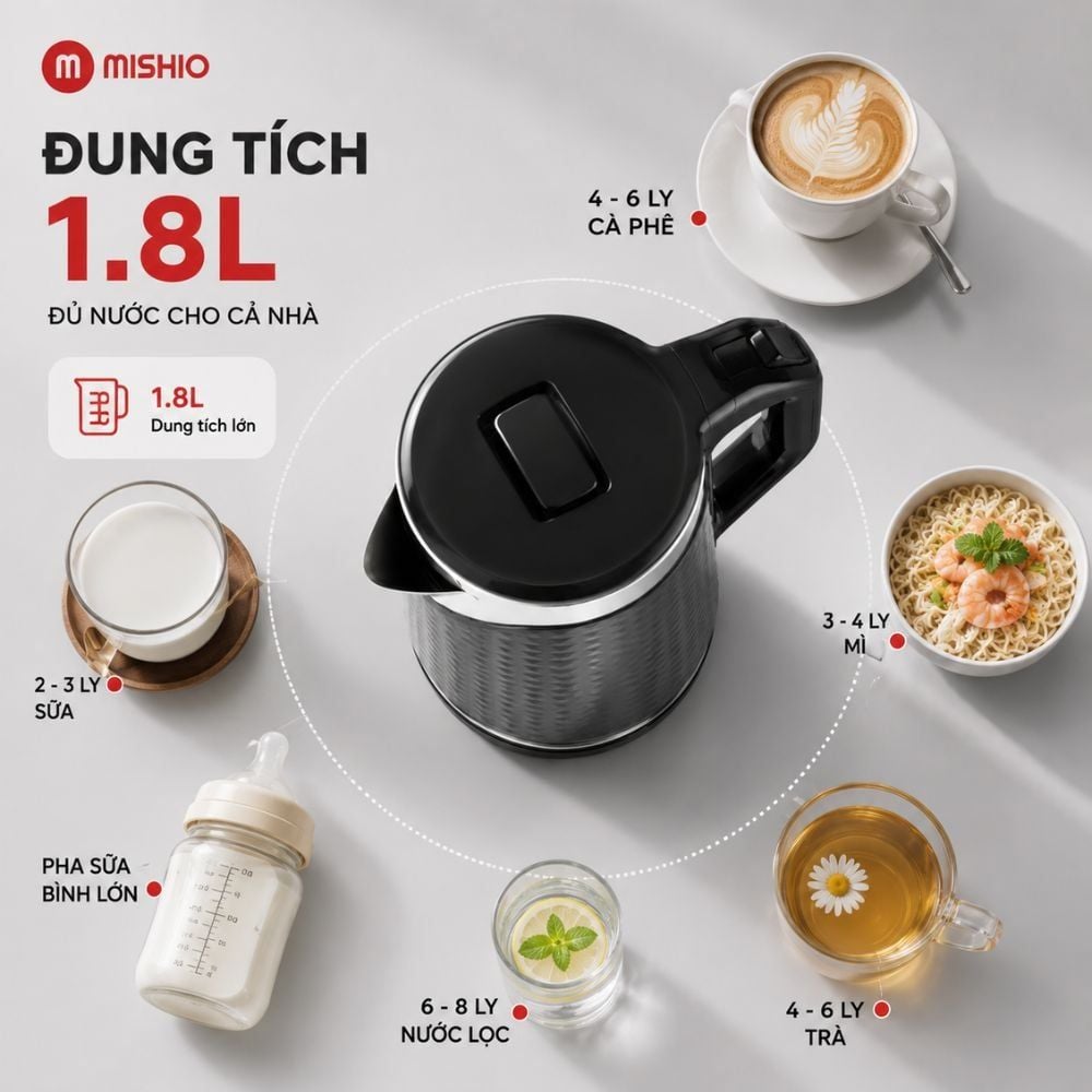 Bình đun siêu tốc Mishio MK403 / MK461 dung tích 1.8L vỏ nhựa cách nhiệt chống bỏng