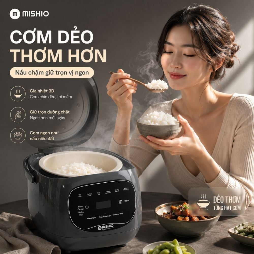Hình ảnh chi tiết: Nồi cơm điện lòng sứ dưỡng sinh Mishio MK365 chống dính tự nhiên trọn đời không bong tróc