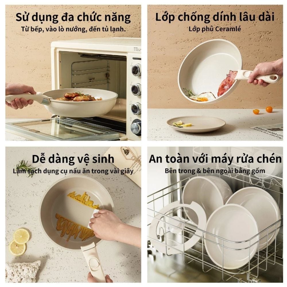 Bộ 3 Nồi Chảo Đá Gốm Chống Dính Mishio 5 Món - Tay Cầm Tháo Rời, Không Chứa PFAS/PTFE/PFOA, Dùng Mọi Loại Bếp MK