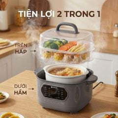Nồi nấu chậm lòng sứ 3L Mishio MK397 kèm xửng hấp và 4 thố sứ tiện lợi không lo cháy khét hay bong tróc chống dính