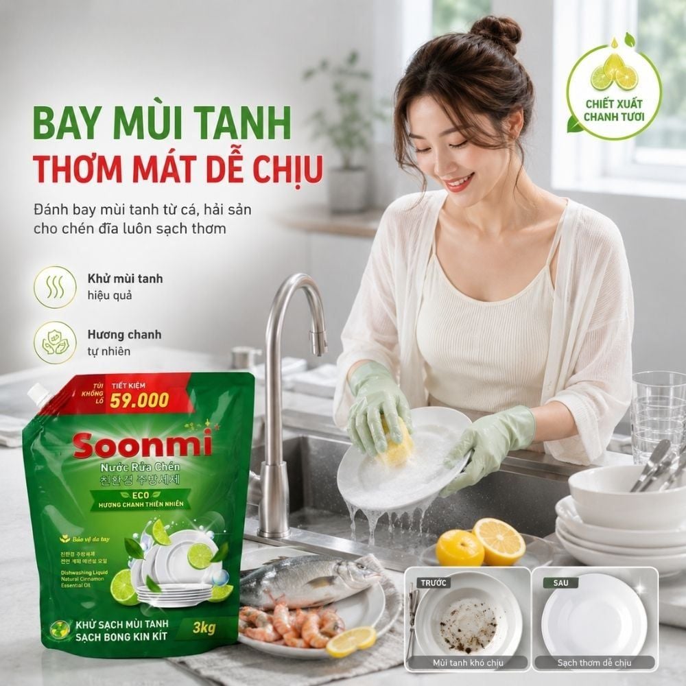 Nước Rửa Chén Soonmi Hương Chanh 1.2kg & 3kg - Sạch Bong Kin Kít, An Toàn Da Tay MK