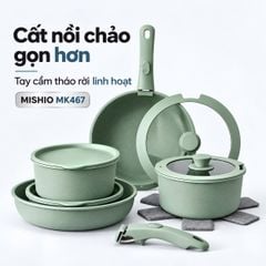 Bộ Nồi Chảo Đá Gốm Chống Dính Mishio 15 Món (5 Nồi Chảo) MK467- Tay Cầm Tháo Rời Thông Minh, Không Chứa PFAS/PTFE, Tương Thích Mọi Loại Bếp