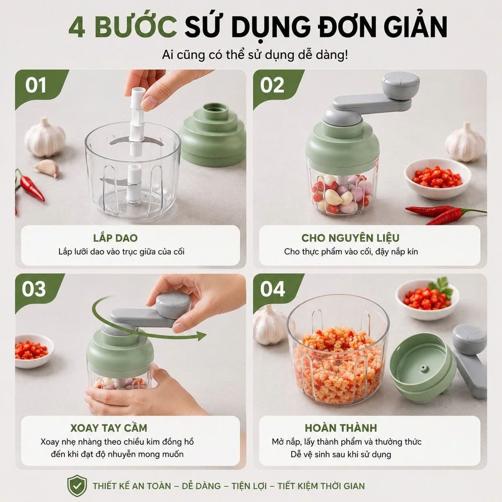 Máy Xay Tỏi Ớt Cầm Tay Mishio MK463 - Xoay tay siêu bền, dễ tháo lắp vệ sinh