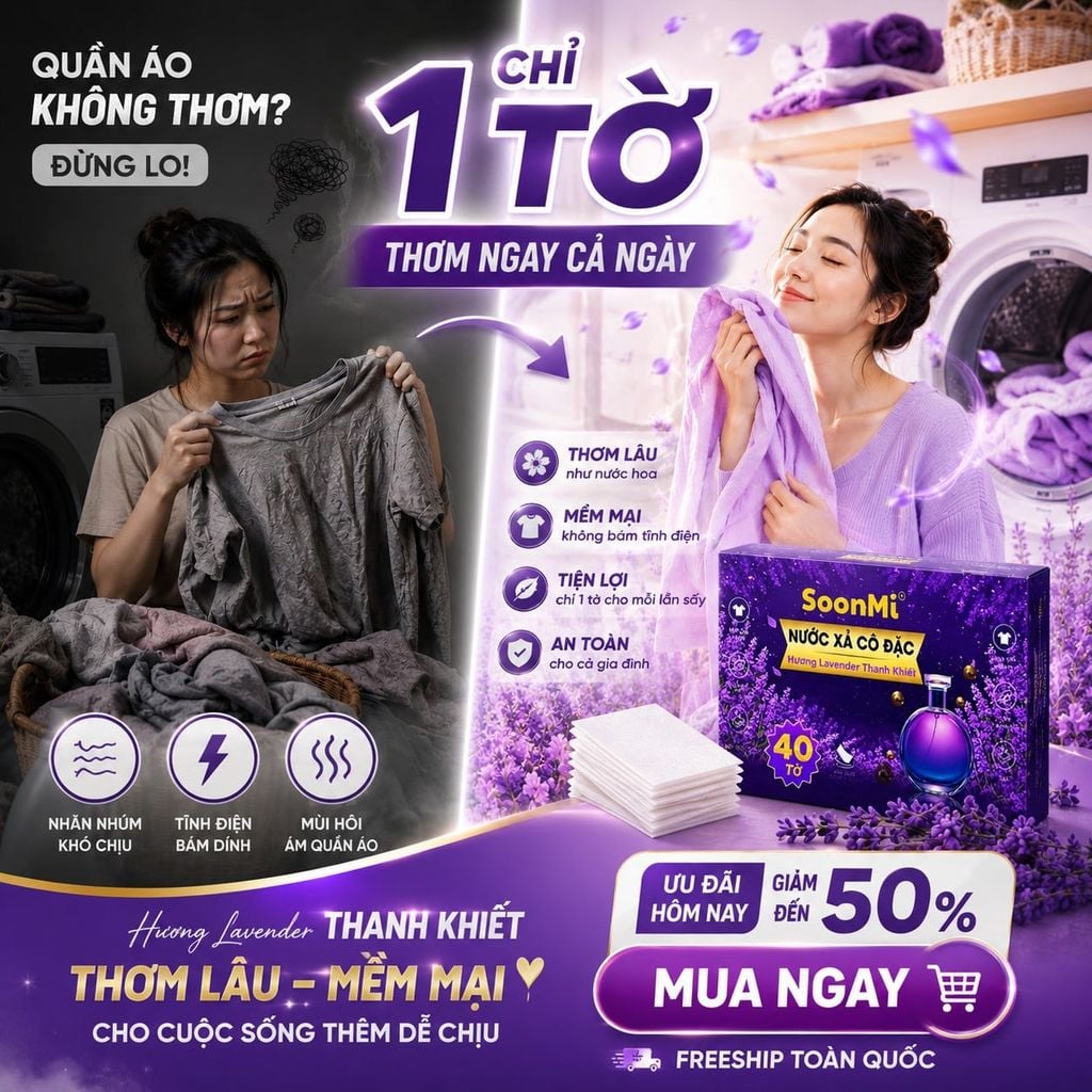 Nước xả cô đặc - Giấy Thơm Quần Áo SoonMi Hương Lavender - Nước Xả Cô Đặc Cho Máy Sấy (Hộp 40 Tờ) MK