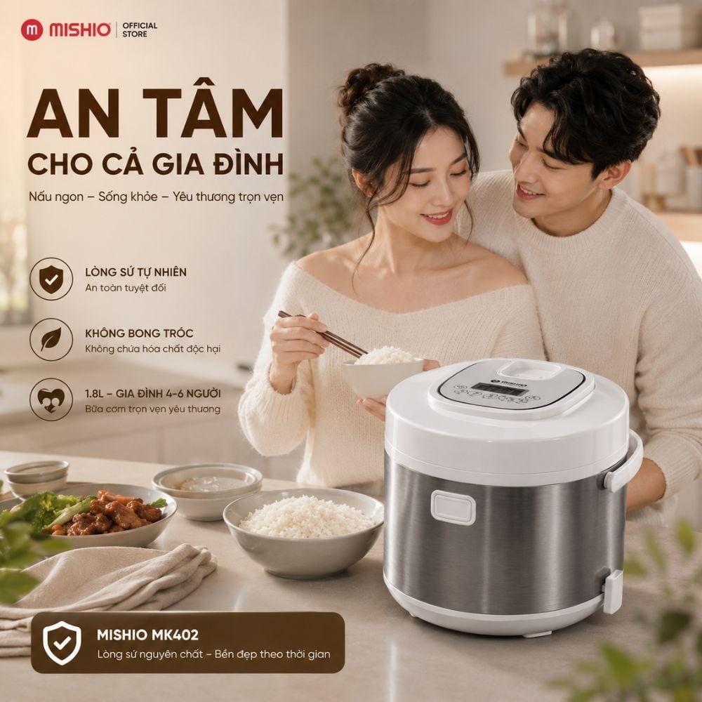 Nồi Cơm Điện Lòng Sứ 1.8Lít Mishio MK402 Không Bong Tróc Men Chống Dính Tự Nhiên