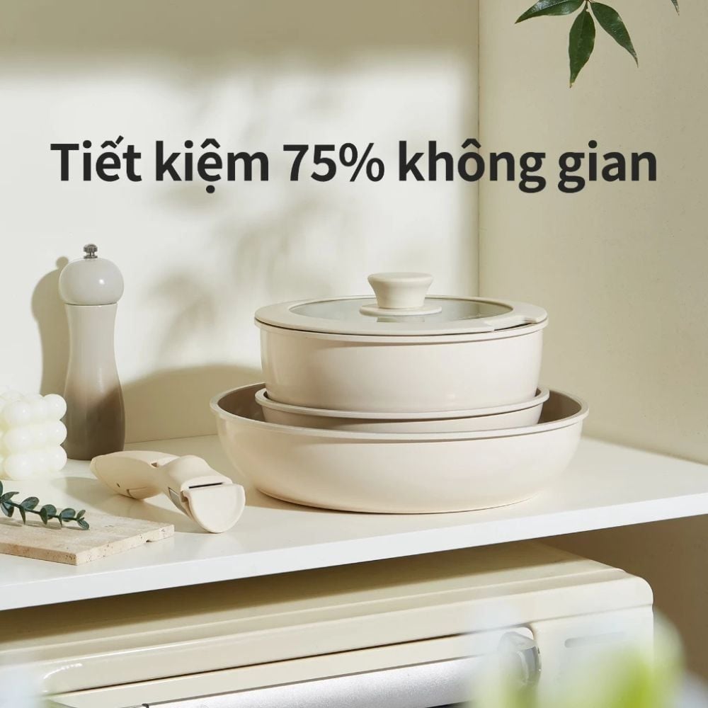 Bộ 3 Nồi Chảo Đá Gốm Chống Dính Mishio 5 Món - Tay Cầm Tháo Rời, Không Chứa PFAS/PTFE/PFOA, Dùng Mọi Loại Bếp MK