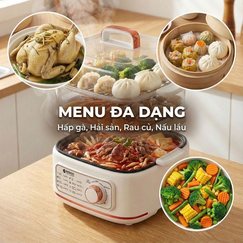 Nồi lẩu hấp thủy nhiệt Mishio MK382 khay hấp inox 304