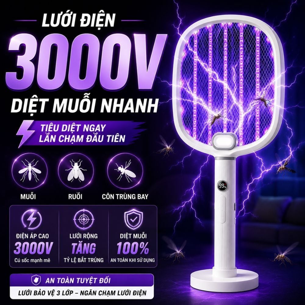 Vợt Bắt Muỗi Tự Động Kachi MK462 – Tích Hợp Đèn Bắt Muỗi, Màn Hình LED Thông Minh